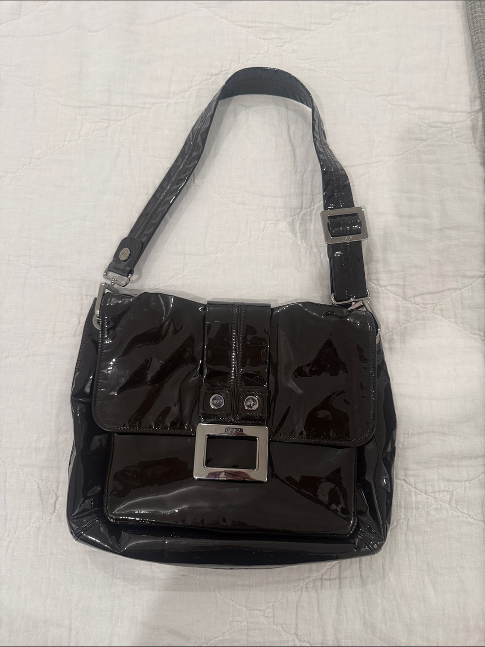 Roger Vivie  Dark brown Patent Shoulder Bag with Silver Buckle